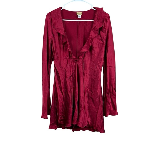 Frederick's of Hollywood Tops - Fredericks Silk Collection Tunic Shirt Women Size L‎ Burgundy Satin 100% Silk